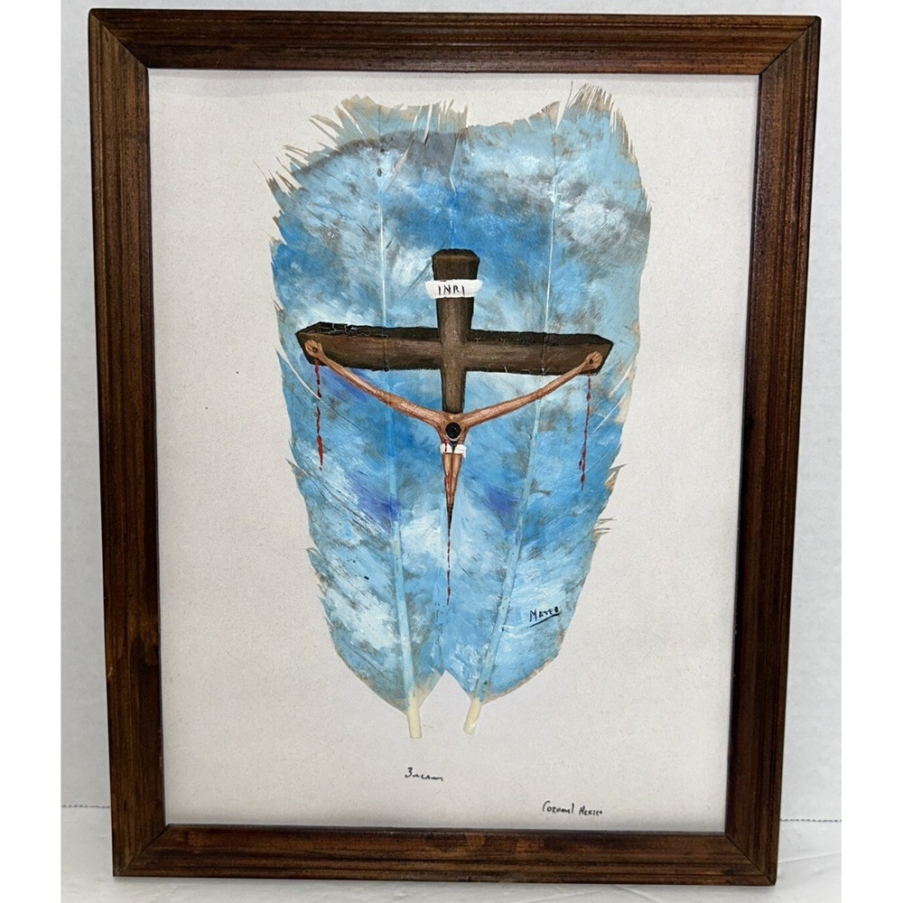 Art on Feathers Jesus On Cross 9.5" X 12" Frame (Signed) Cozumel, Mexico Rare‎